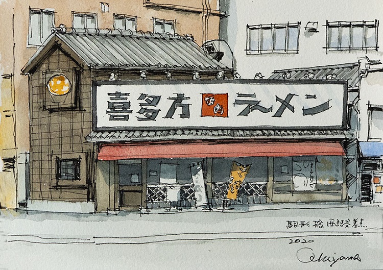 水彩画　「看板」